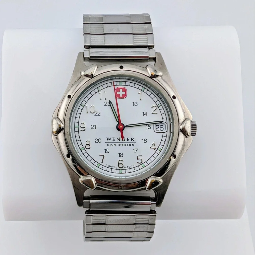 Wenger S.A.K. Design Vintage Swiss Quartz Date Watch White Dial Luminous 36mm